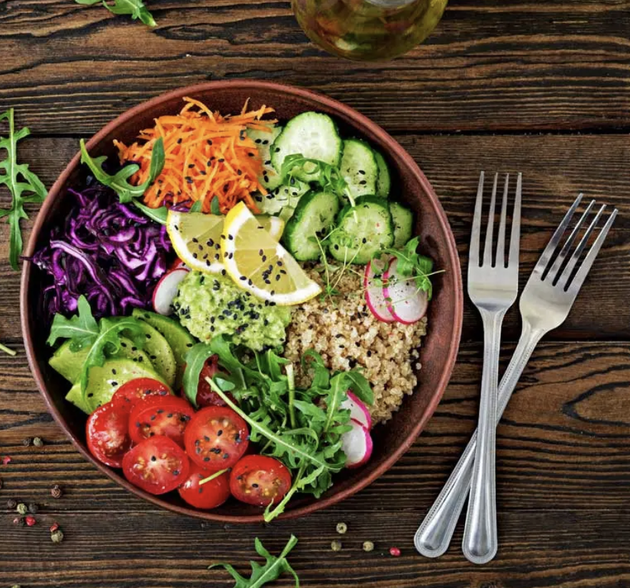 Fresh healthy bowl with vegetables and grains